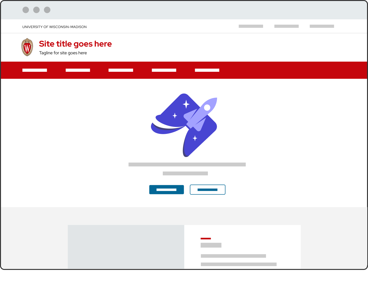 One column section with a bright purple logo of a spaceship center aligned on the page, followed by two lines of content and two call-to-action buttons side-by-side. The primary button on the left is solid blue with white text, and the secondary button on the right is white with blue text and contains a blue outline.