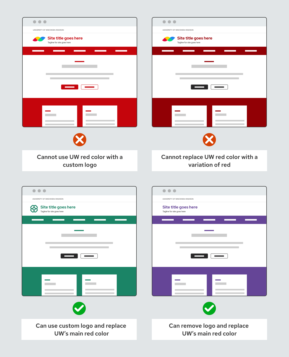 Four mockups of customized sites. The first two show approved designs and the second set are the unapproved designs.