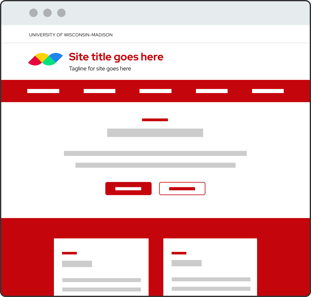 The UW Theme uses the UW Crest logo in the site header, and applies UW's primary red color for prominent design elements like the site title, lines above headers, and background colors for content sections.