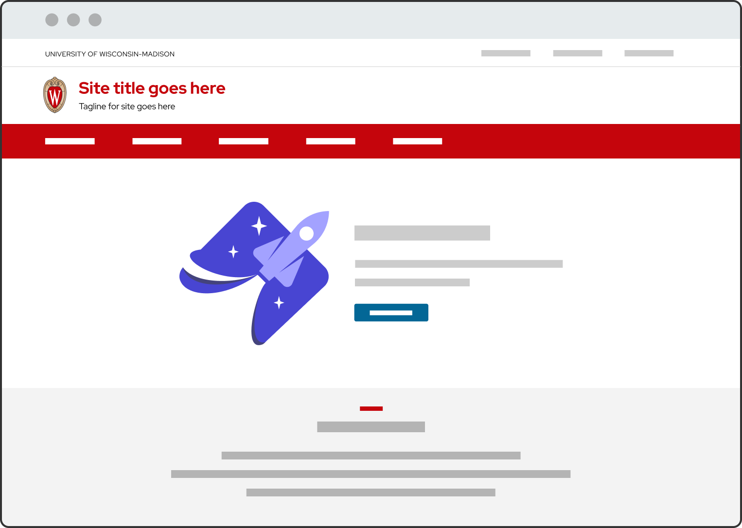 Two column section with a bright purple logo of a spaceship to the left, and three lines of content to the right followed by a blue call-to-action button.